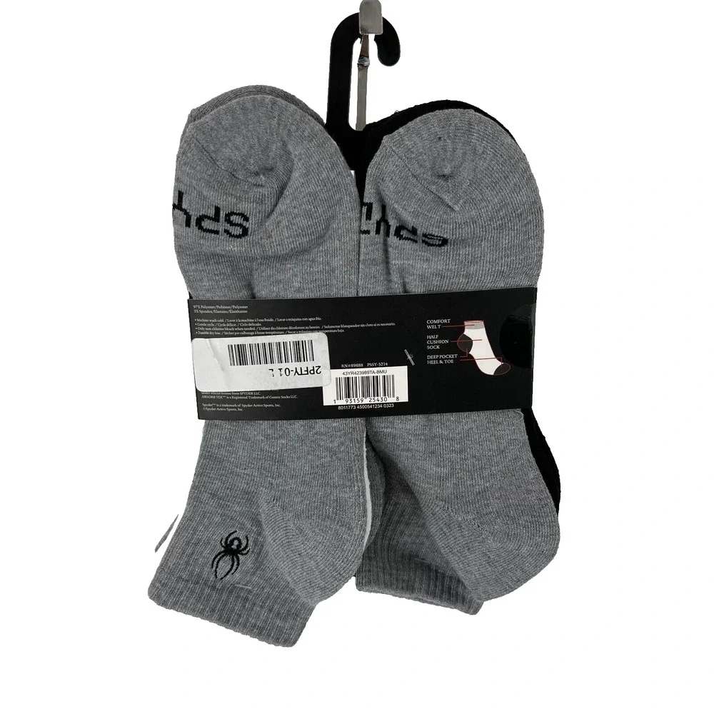 NEW Spyder Men Stripe Quarter Socks 5 Pairs White Black Gray Shoe Size 6 -12